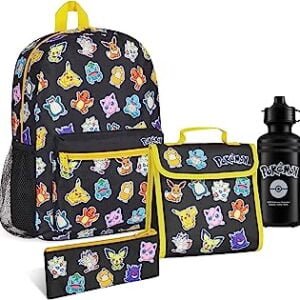 Mochila Escolar Figuras Niños 4 piezas, Conjunto Material Escolar con Mochila, Lonchera Aislada, Estuche Escolar para Lápices y Botella de Agua, Regalos Niños (Negro/Multicolor)